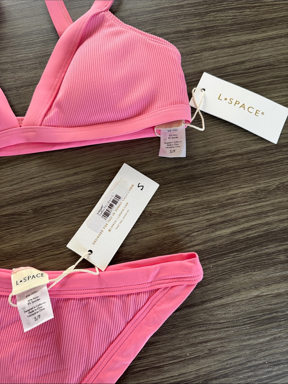 l*space Bright Pink Guava Ribbed Triangle Bikini Set - Picture 3 of 5